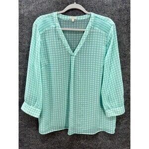 Talbots Sheer 3/4 Sleeve Top Womens Large Teal Green Blue Gingham Plaid V-Neck